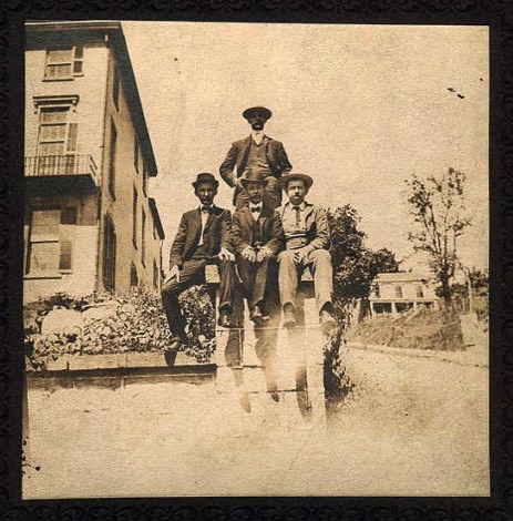 Will Boin, standing. Seated: Melvin R. Wilkin, Will Christy, Fred Wilkin. Photograph taken in front of the old bank building on Main Street in downtown Chester. Bank Street on right.
Circa 1900. chs-003666.jpg