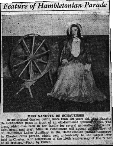 Miss Nanette De Schauensee
"In an original Quaker outfit, more than 100 years old, Nanette De Schauensee poses in front of an old-fashioned spinning wheel. The dress which has been in her family for several generations is yellow, light green and grey. MIss De Schauensee will appear 0n the float of St. Columba's Ladies Auxiliary in the Hambletonian parade tomorrow in Chester. This parade, which well undoubtedly be the largest ever held in Chester, is the celebration of the 100th anniversary of the father of all trotters.-Photo by Cullen." 1949-05-08 ch-002380