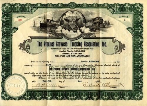 The Produce Growers’ Trucking Association Stock Certificate.  May 12, 1920. chs-004871