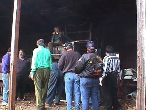 Erie Historical Society & Chester Historical society  members visit Museum Village on Train walk. Here checking out telegraph maintenance wagon with elevating platform. 1999-10-30 MVC-026F.jpg