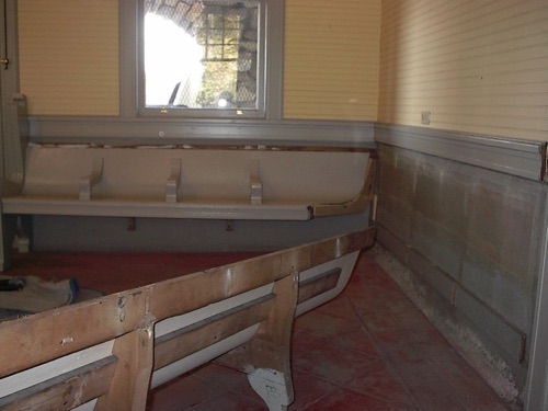 Restored Lady's Waiting Room Benches prepared to be mounted on the Village - 11/9/2002  IM003529.jpg