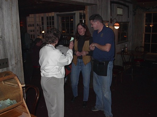 Norma announces a raffle drawing winner at Barnsider in Sugar Loaf - And she was bartending: Debby! 11/19/2002 IM003632.jpg