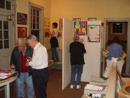 Tom, Larry, Mary, Leslie & Norma hanging the "Young Chester Artists" exhibit. May 3, 2006. DSC04113r.jpg