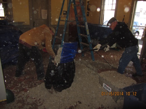 Dean & Bill cleaning up wet insulation, 2014-01-5. IMG_4733.JPG