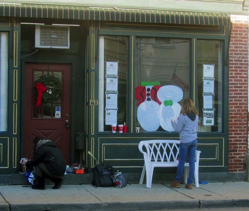 Chester Academy Students painting Downtown Storefront Holiday Windows.  2016-12-02 IMG_4302