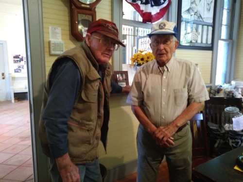 EJ and Sandy, both 89, reminiscing about old times....and the train. Sandy said that the last time he remembers taking the train was in  1947.  Photo by Georgina.  20180908_103908.jpg