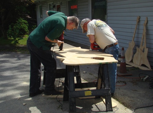 Clif and Bill cutting this year's guitar blanks. 2019-06-06 Leslie Smith photo. DSC05458.jpg